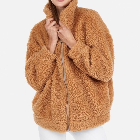 Express Camel Cozy Teddy Jacket Brown Tan Sherpa  Fleece Oversized Zip Size XS - Picture 13 of 14